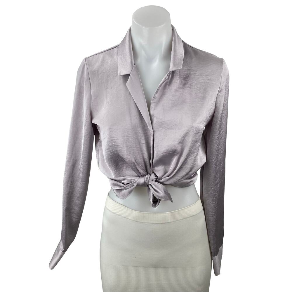 Aritzia Wilfred Purple Lilac Silk Satin Long Sleeve Crop Tie Button Up Shirt XS